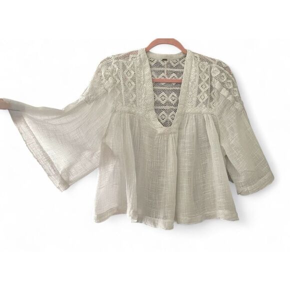 Free People Carry Me Away Crop Top Blouse Shirt Embroidered Crochet Size L - Picture 2 of 9